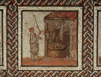 Ein Mühlstein, der von einem Esel gedreht wird, aus Saint-Romain-en-Gal (Mosaik)